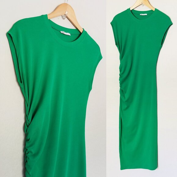 Zara Ribbed Knit Crew Neck Ruched Gathered Midi Dress L Cap Sleeves Kelly Green - Picture 12 of 12